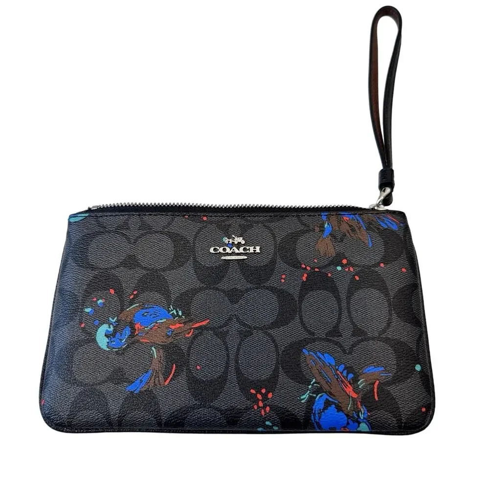 Coach Black Sierra Bird Coated Canvas Wristlet Clutch Womens Purse Bag Wallet